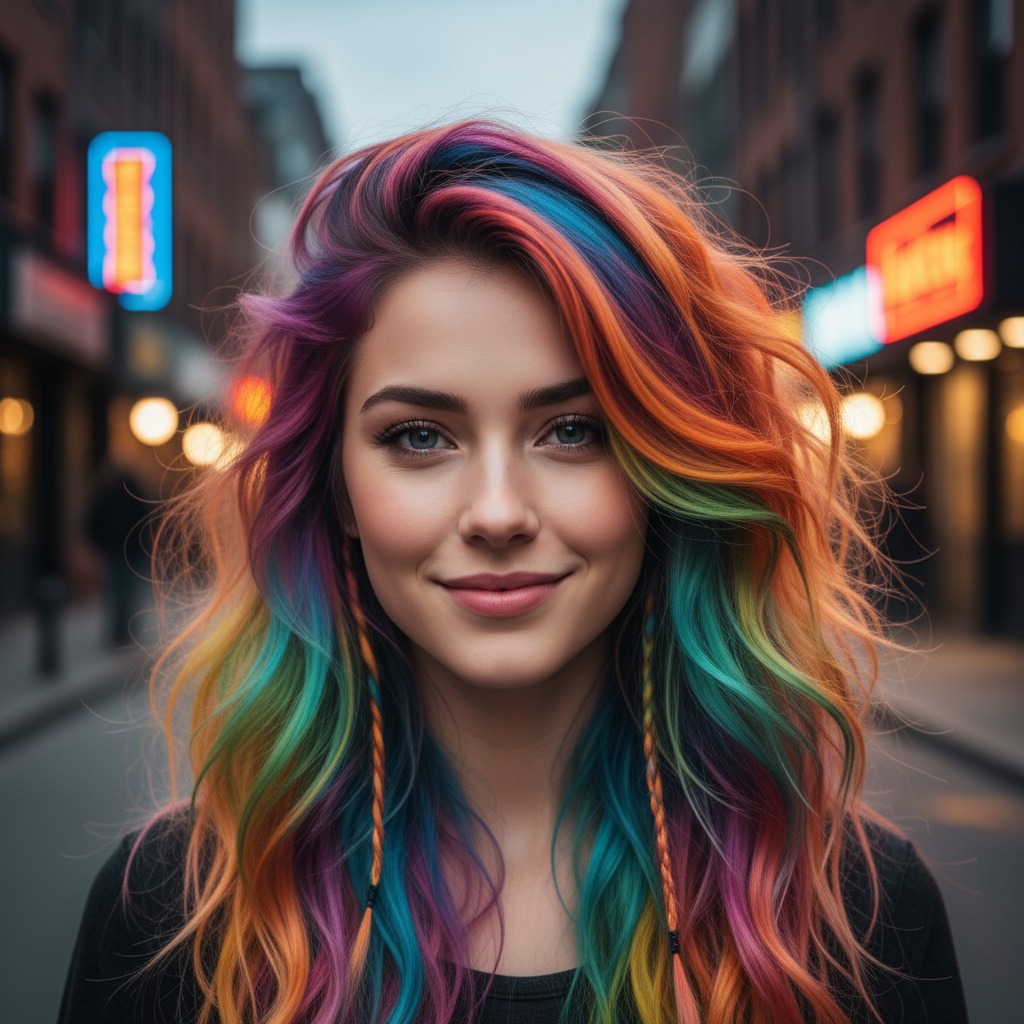 A young woman with long, vibrant rainbow-colored hair smiles at the camera on a city street at twilight.