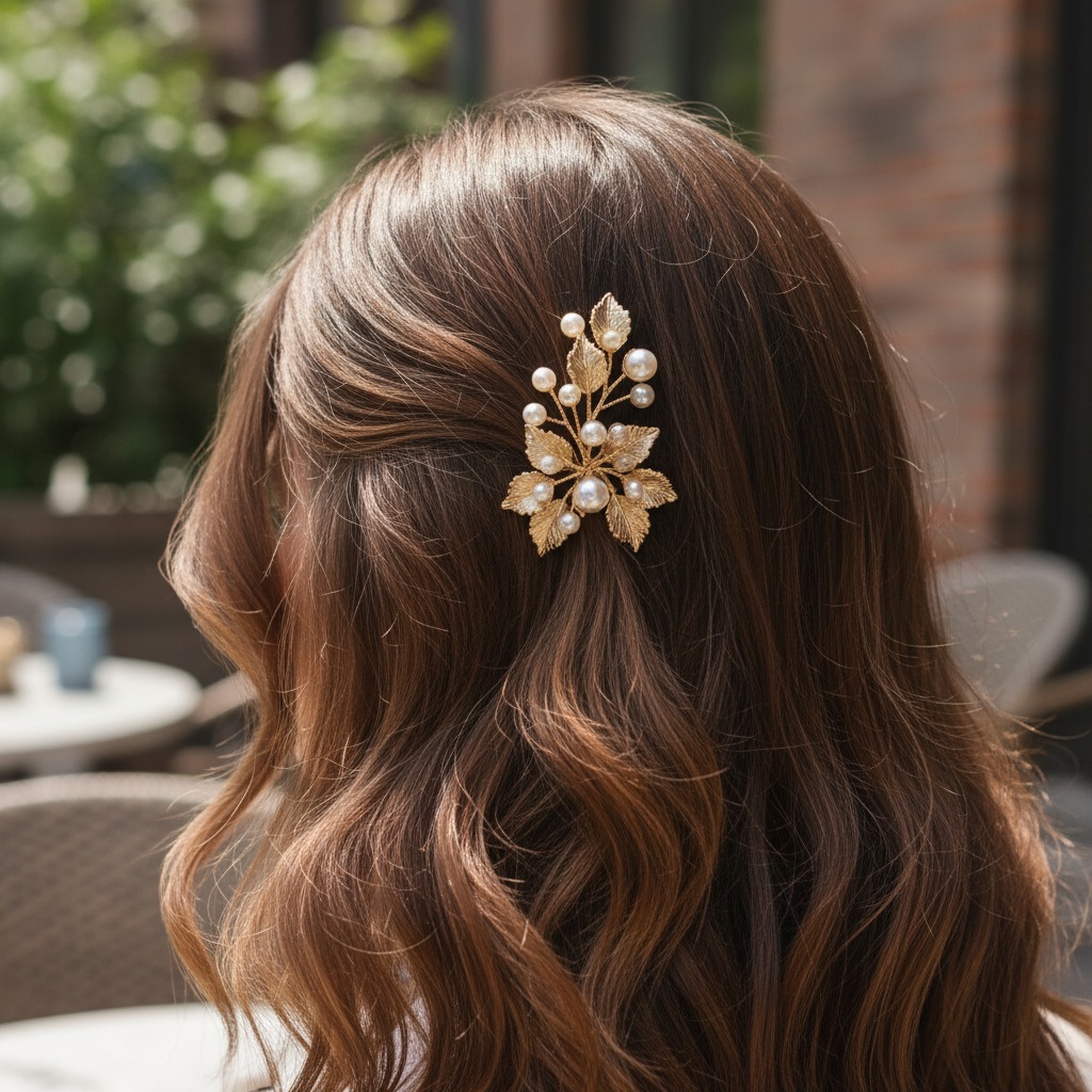 A woman with long, wavy brown hair wears a gold leaf-shaped hair clip adorned with small white pearls.