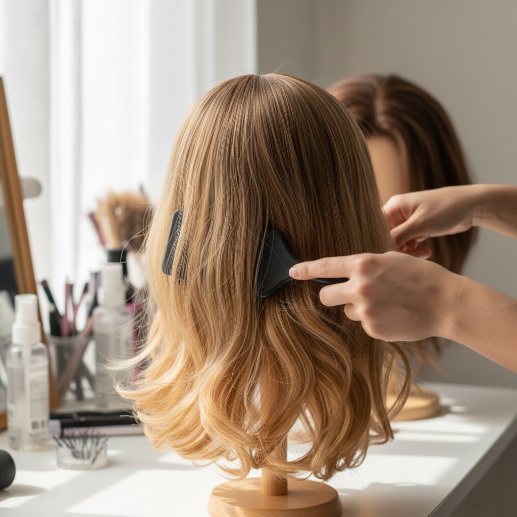 A person brushes a wavy blonde wig on a mannequin head in a brightly lit salon setting.